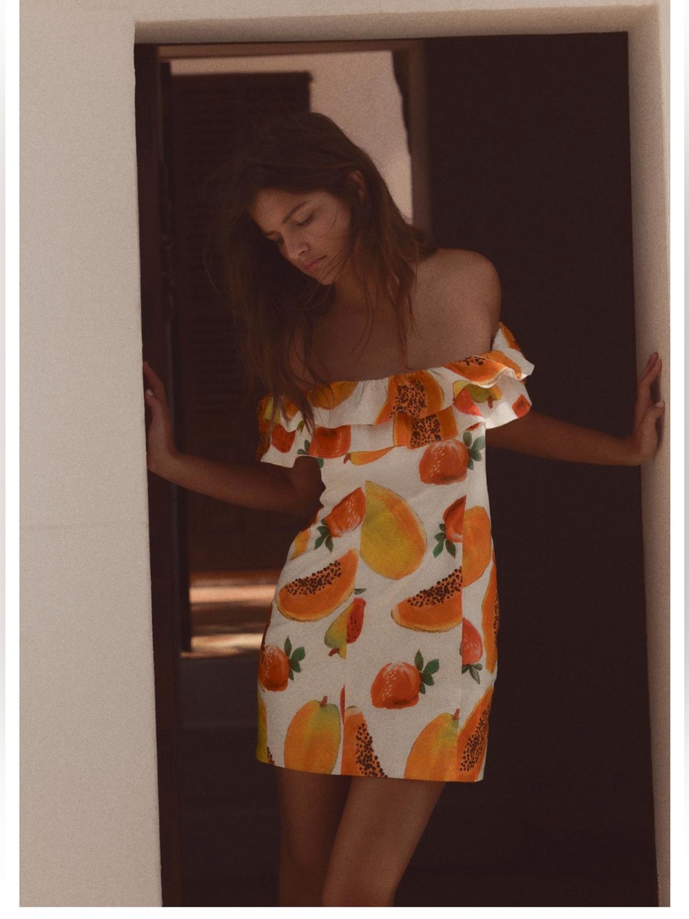 Zara Off-Shoulder Fruit Print Dress - White & Orange